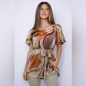 Boutique Satin Tunic Blouse | Belted Paisley Equestrian Print | Women's Small